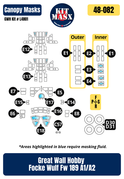 Great Wall Hobby Focke Wulf Fw 189 A1/A2 1/48 Canopy & Wheel Paint Masks, Kit # L4801