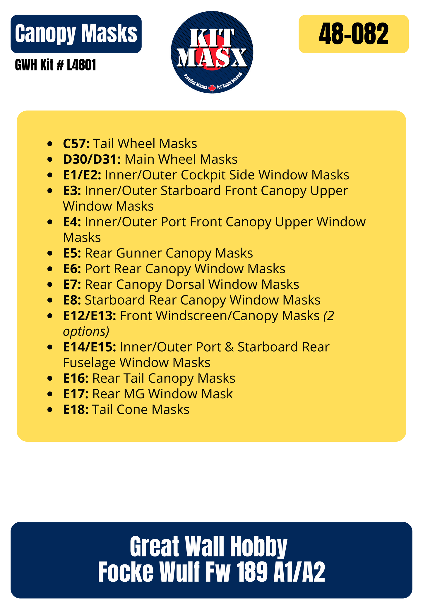 Great Wall Hobby Focke Wulf Fw 189 A1/A2 1/48 Canopy & Wheel Paint Masks, Kit # L4801