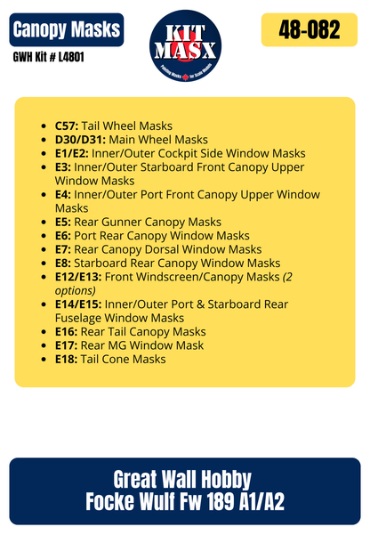 Great Wall Hobby Focke Wulf Fw 189 A1/A2 1/48 Canopy & Wheel Paint Masks, Kit # L4801