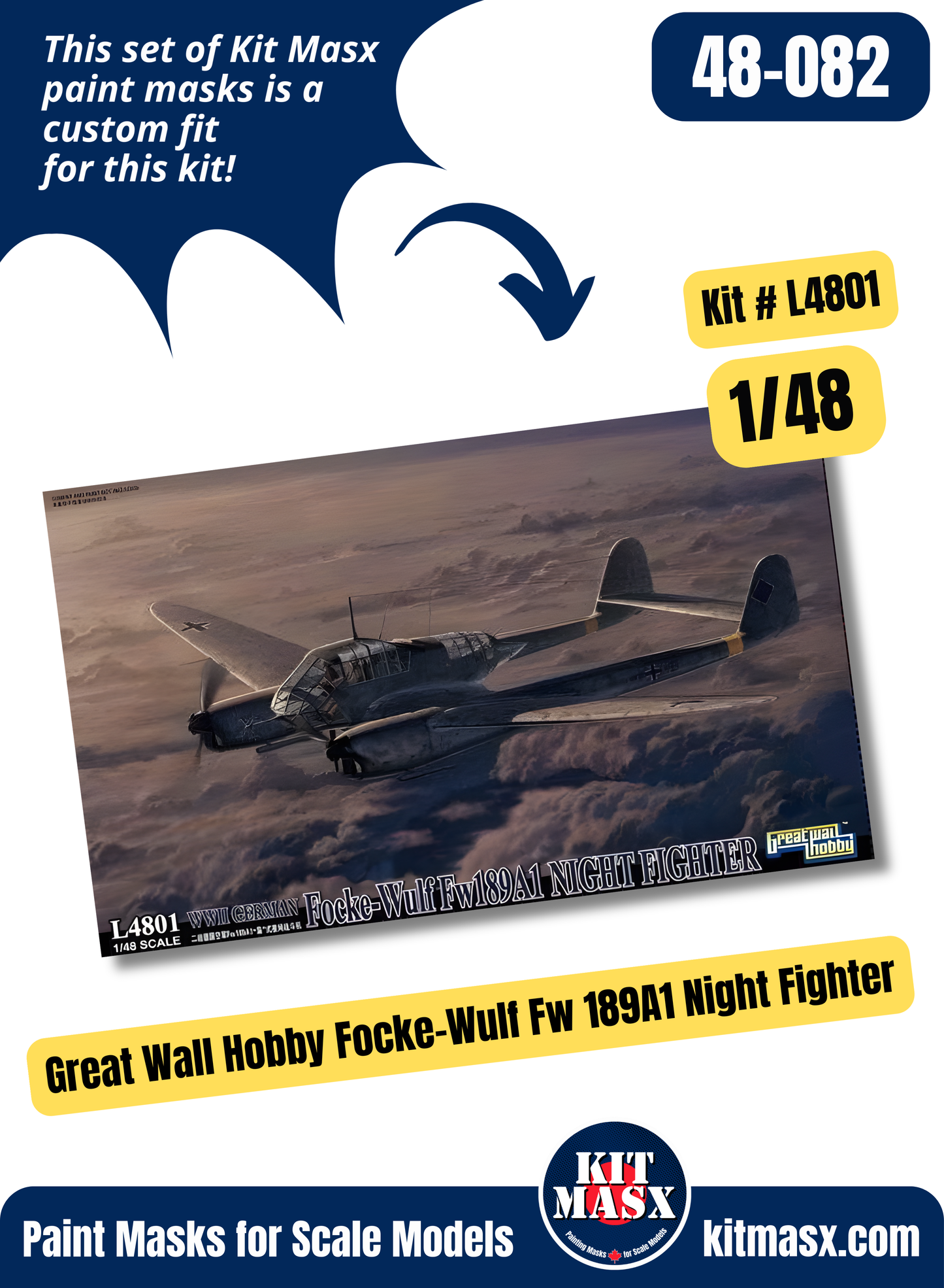 Great Wall Hobby Focke Wulf Fw 189 A1/A2 1/48 Canopy & Wheel Paint Masks, Kit # L4801
