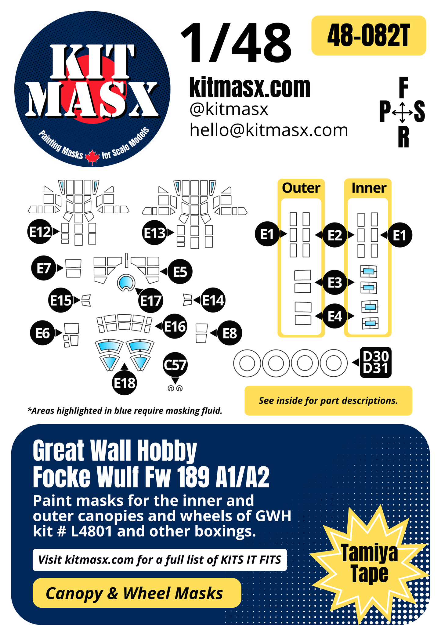 Great Wall Hobby Focke Wulf Fw 189 A1/A2 1/48 Canopy & Wheel Paint Masks, Kit # L4801