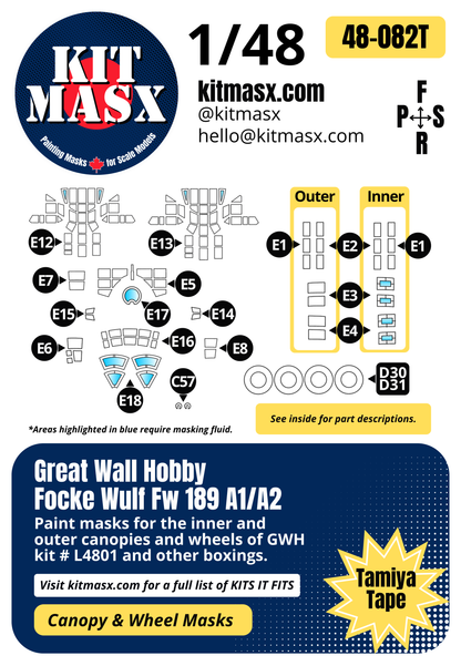 Great Wall Hobby Focke Wulf Fw 189 A1/A2 1/48 Canopy & Wheel Paint Masks, Kit # L4801