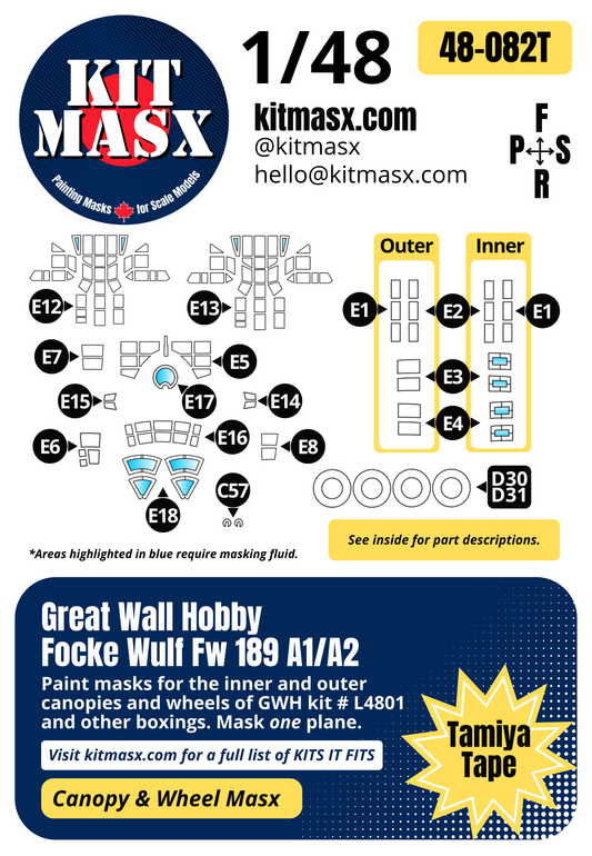 Great Wall Hobby Focke Wulf Fw 189 A1/A2 1/48 Canopy & Wheel Paint Masks, Kit # L4801
