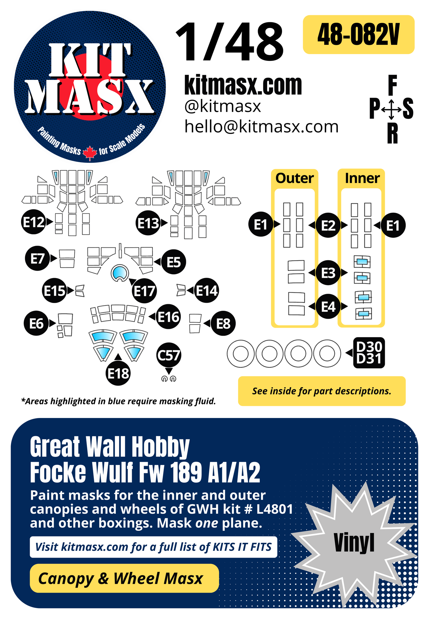 Great Wall Hobby Focke Wulf Fw 189 A1/A2 1/48 Canopy & Wheel Paint Masks, Kit # L4801