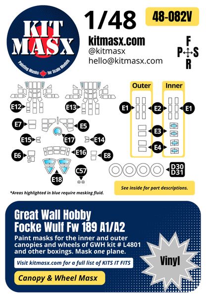 Great Wall Hobby Focke Wulf Fw 189 A1/A2 1/48 Canopy & Wheel Paint Masks, Kit # L4801