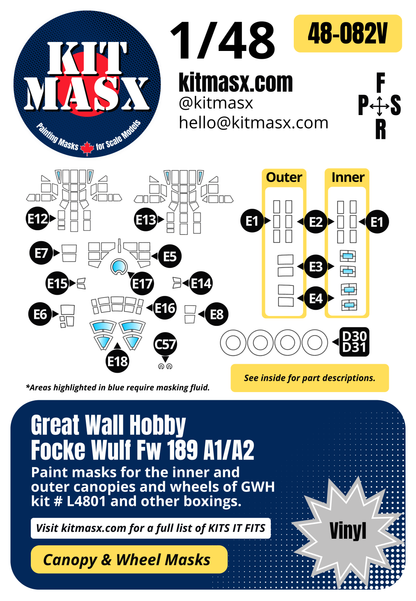 Great Wall Hobby Focke Wulf Fw 189 A1/A2 1/48 Canopy & Wheel Paint Masks, Kit # L4801