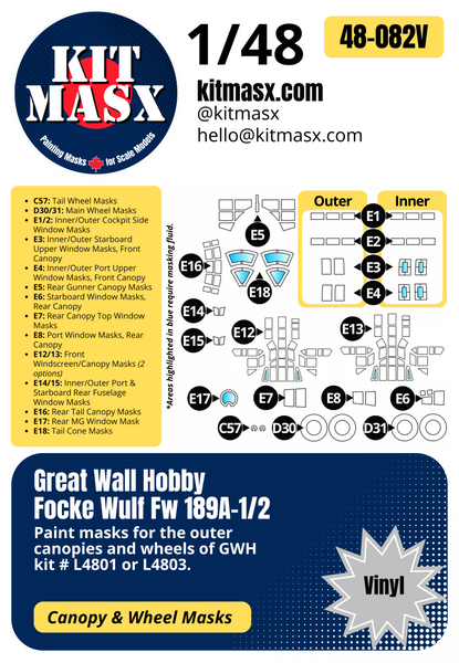 Great Wall Hobby Focke Wulf Fw 189A1/2 1/48 Canopy & Wheel Paint Masks, Kit # L4801