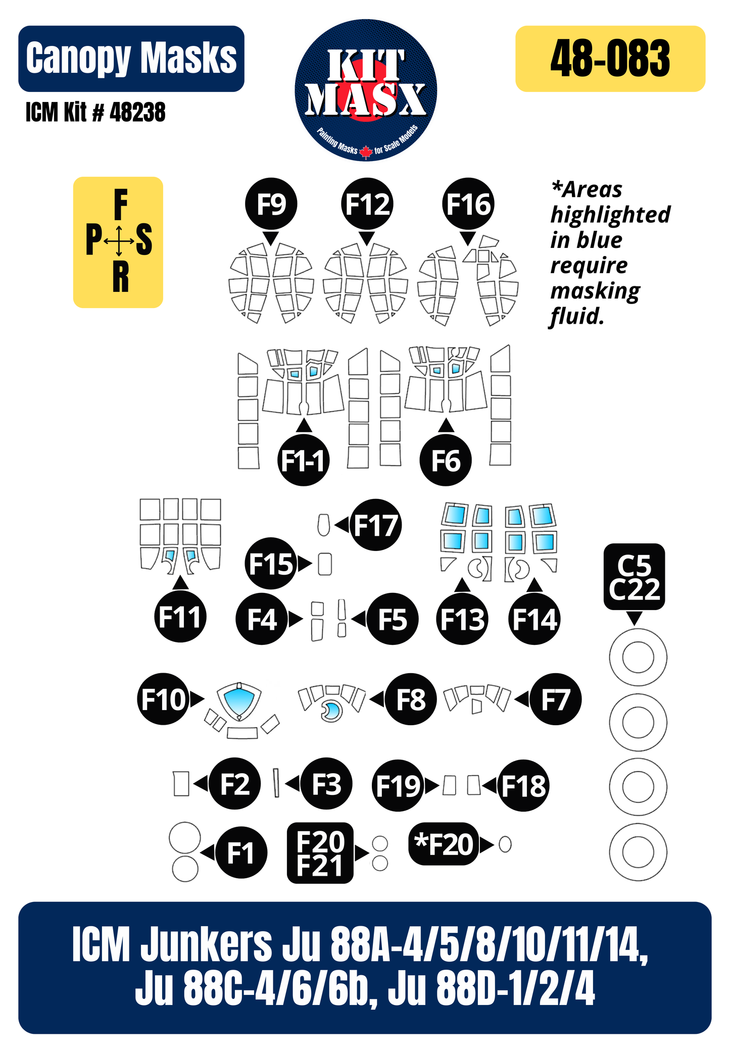ICM Junkers Ju 88A-4/5/8/10/11/14, Ju 88C-4/6/6b, Ju 88D-1/2/4 1/48 Canopy & Wheel Paint Masks, Kit # 48238