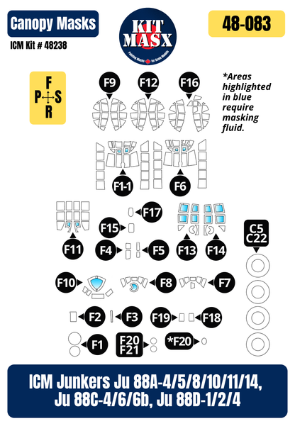 ICM Junkers Ju 88A-4/5/8/10/11/14, Ju 88C-4/6/6b, Ju 88D-1/2/4 1/48 Canopy & Wheel Paint Masks, Kit # 48238