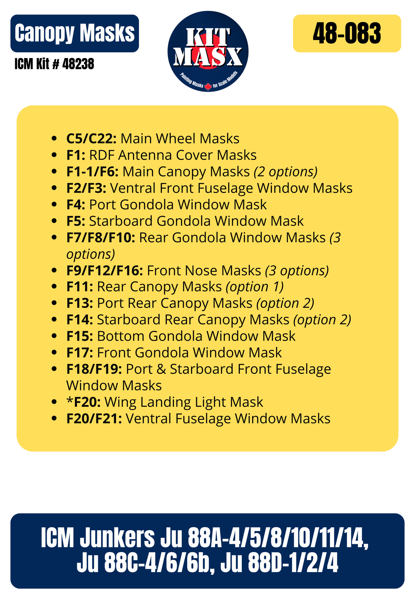 ICM Junkers Ju 88A-4/5/8/10/11/14, Ju 88C-4/6/6b, Ju 88D-1/2/4 1/48 Canopy & Wheel Paint Masks, Kit # 48238