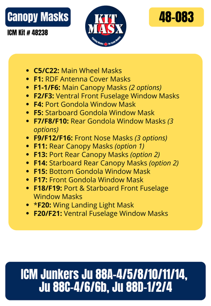 ICM Junkers Ju 88A-4/5/8/10/11/14, Ju 88C-4/6/6b, Ju 88D-1/2/4 1/48 Canopy & Wheel Paint Masks, Kit # 48238