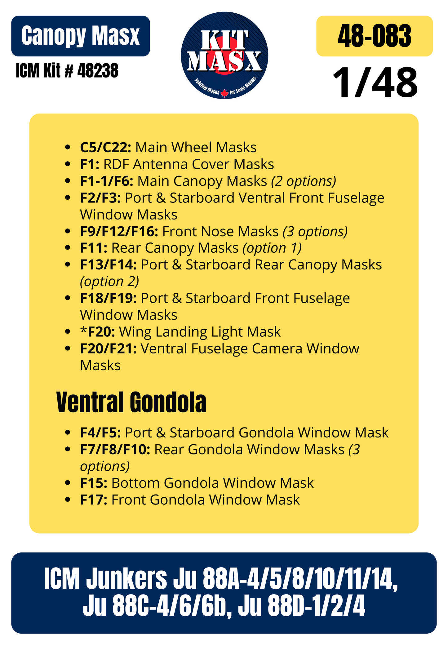 ICM Junkers Ju 88A-4/5/8/10/11/14, Ju 88C-4/6/6b, Ju 88D-1/2/4 1/48 Canopy & Wheel Paint Masks, Kit # 48238 (48083)