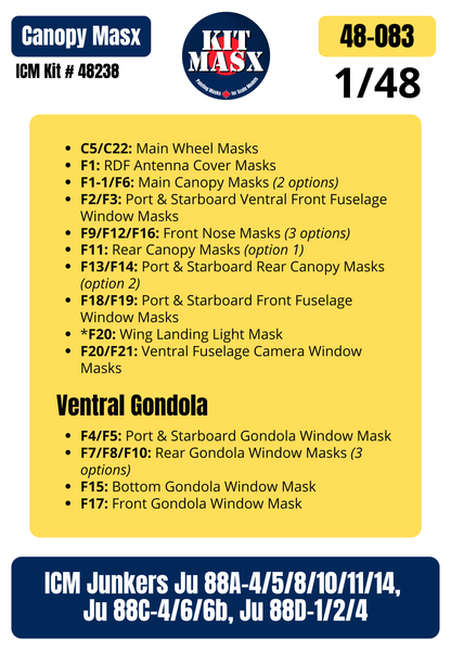 ICM Junkers Ju 88A-4/5/8/10/11/14, Ju 88C-4/6/6b, Ju 88D-1/2/4 1/48 Canopy & Wheel Paint Masks, Kit # 48238 (48083)