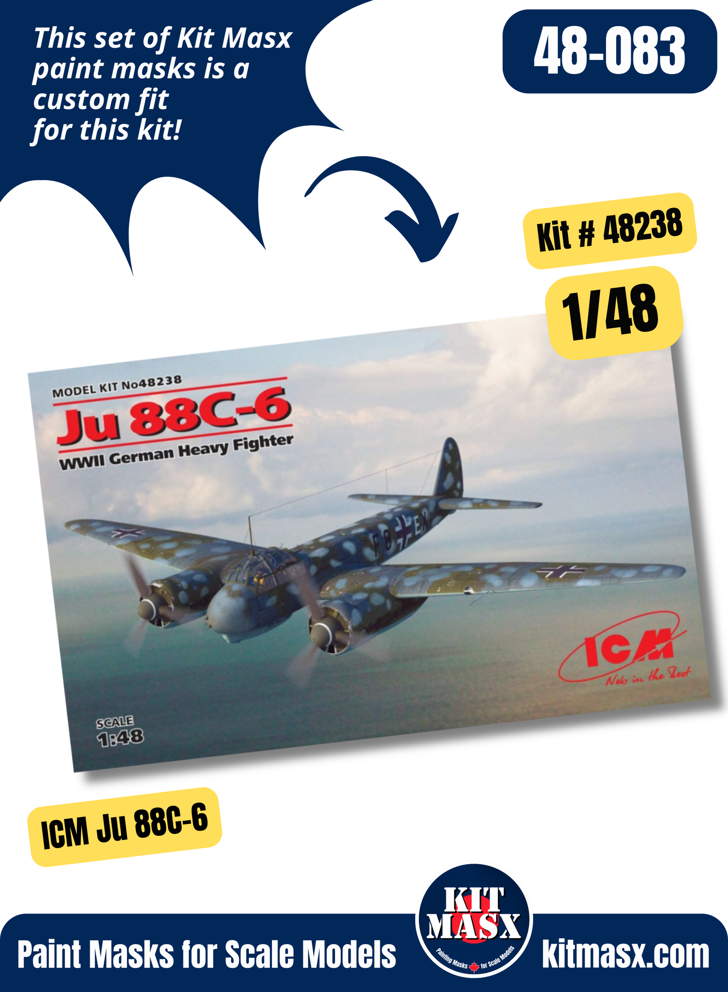 ICM Junkers Ju 88A-4/5/8/10/11/14, Ju 88C-4/6/6b, Ju 88D-1/2/4 1/48 Canopy & Wheel Paint Masks, Kit # 48238