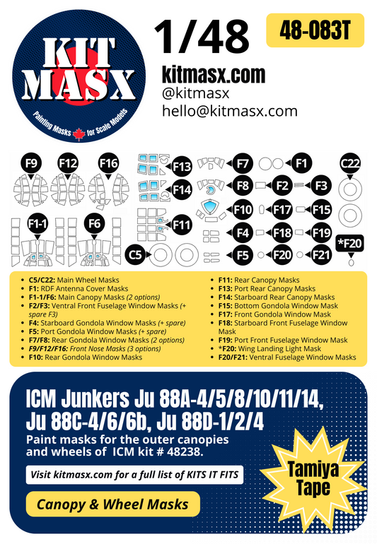 ICM Junkers Ju 88A-4/5/8/10/11/14, Ju 88C-4/6/6b, Ju 88D-1/2/4 1/48 Canopy & Wheel Paint Masks, Kit # 48238