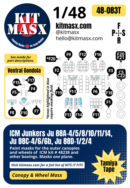 ICM Junkers Ju 88A-4/5/8/10/11/14, Ju 88C-4/6/6b, Ju 88D-1/2/4 1/48 Canopy & Wheel Paint Masks, Kit # 48238 (48083)