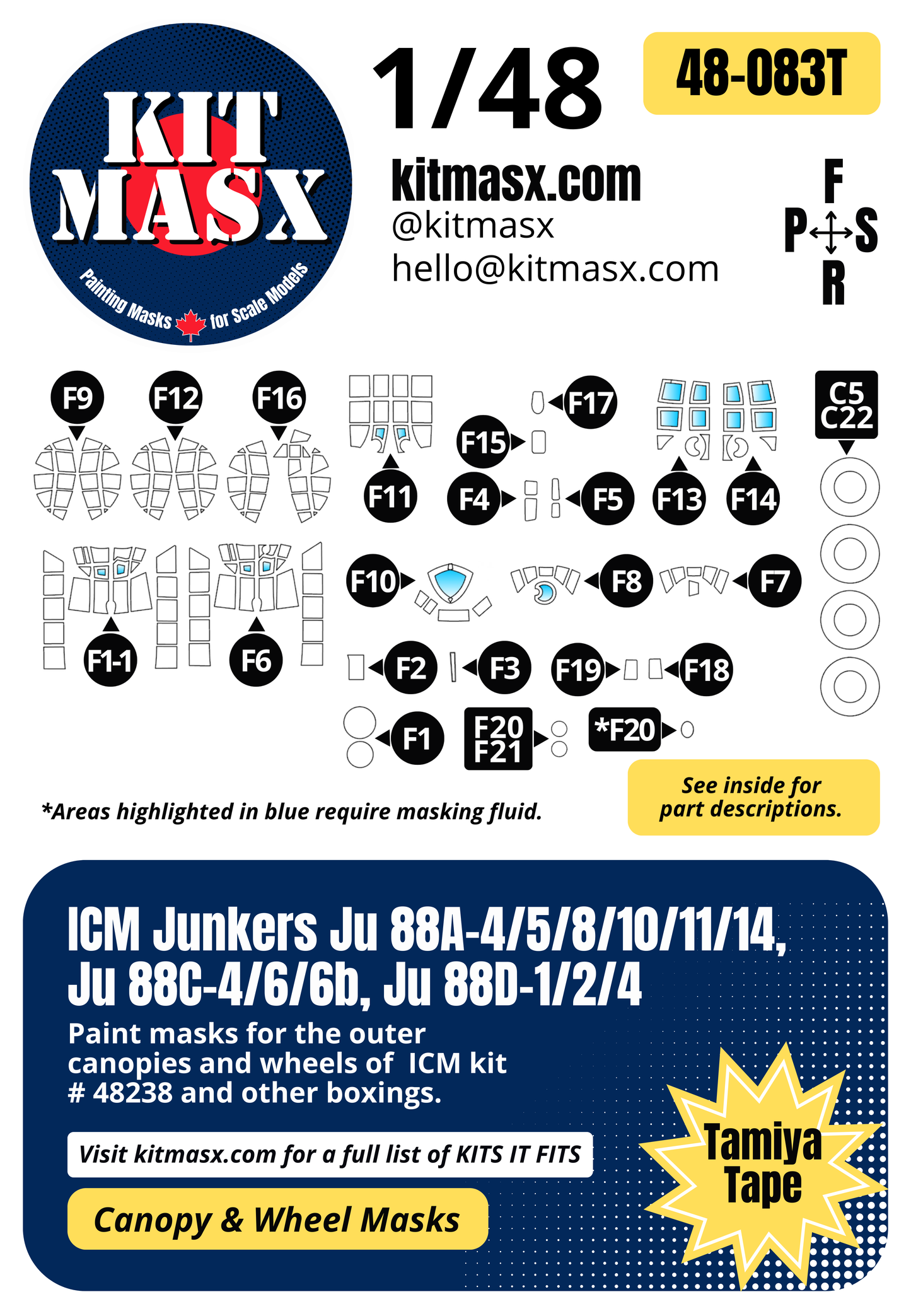 ICM Junkers Ju 88A-4/5/8/10/11/14, Ju 88C-4/6/6b, Ju 88D-1/2/4 1/48 Canopy & Wheel Paint Masks, Kit # 48238