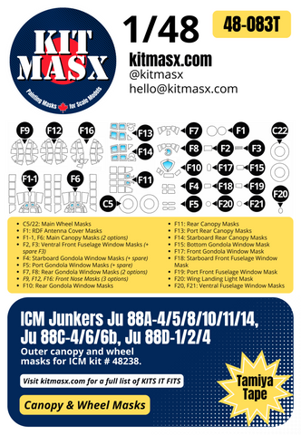 ICM Junkers Ju 88A-4/5/8/10/11/14, Ju 88C-4/6/6b, Ju 88D-1/2/4 1/48 Canopy & Wheel Paint Masks, Kit # 48238