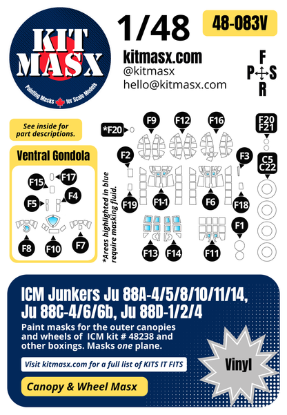 ICM Junkers Ju 88A-4/5/8/10/11/14, Ju 88C-4/6/6b, Ju 88D-1/2/4 1/48 Canopy & Wheel Paint Masks, Kit # 48238 (48083)