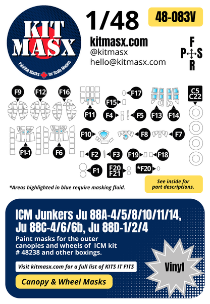 ICM Junkers Ju 88A-4/5/8/10/11/14, Ju 88C-4/6/6b, Ju 88D-1/2/4 1/48 Canopy & Wheel Paint Masks, Kit # 48238