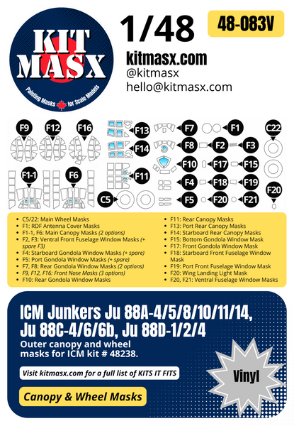 ICM Junkers Ju 88A-4/5/8/10/11/14, Ju 88C-4/6/6b, Ju 88D-1/2/4 1/48 Canopy & Wheel Paint Masks