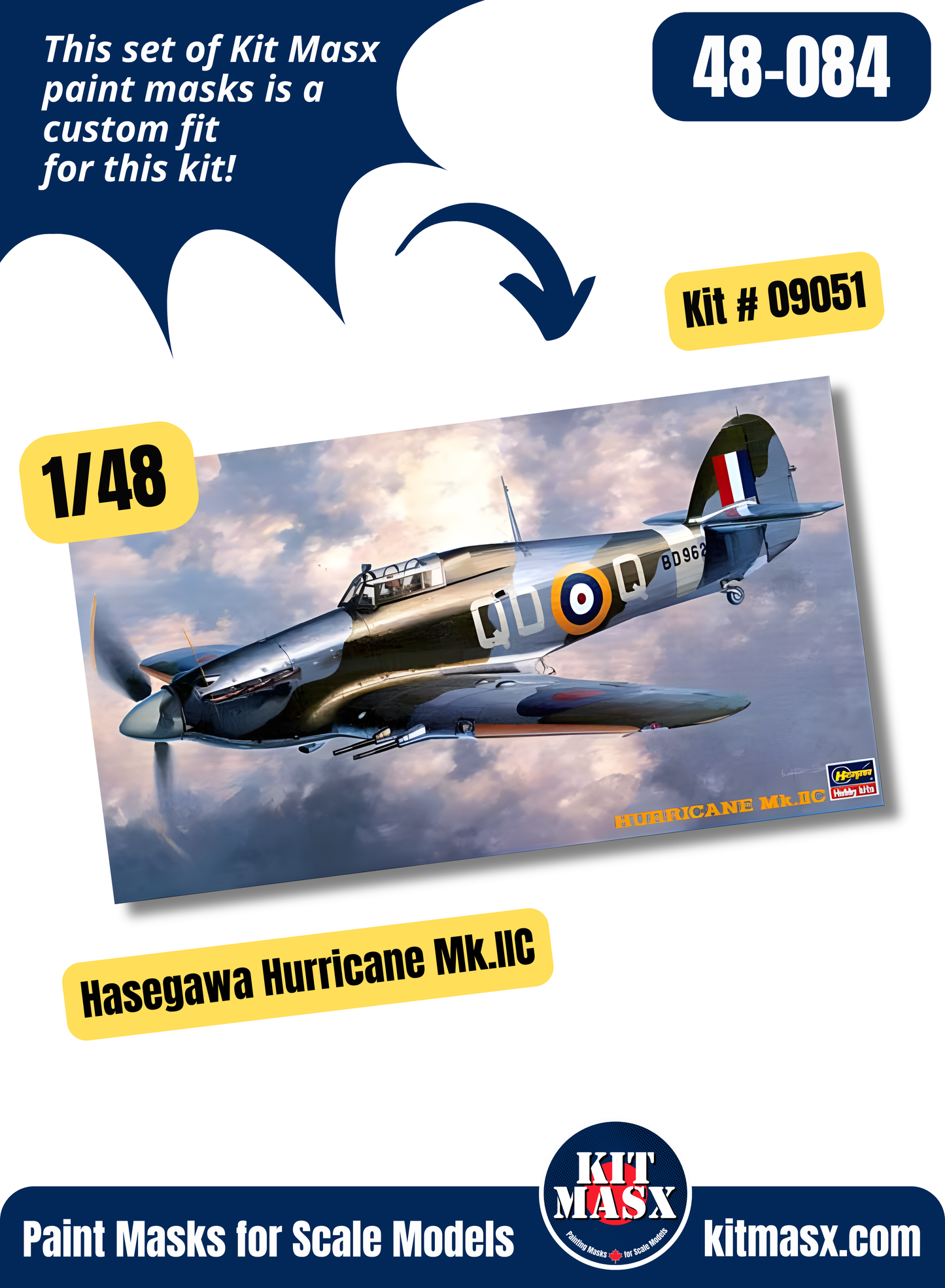Hasegawa Hawker Hurricane Mk.I, Mk.Ia, Mk.IIa/b/c/d 1/48 Canopy & Wheel Paint Masks, Kit # 09051