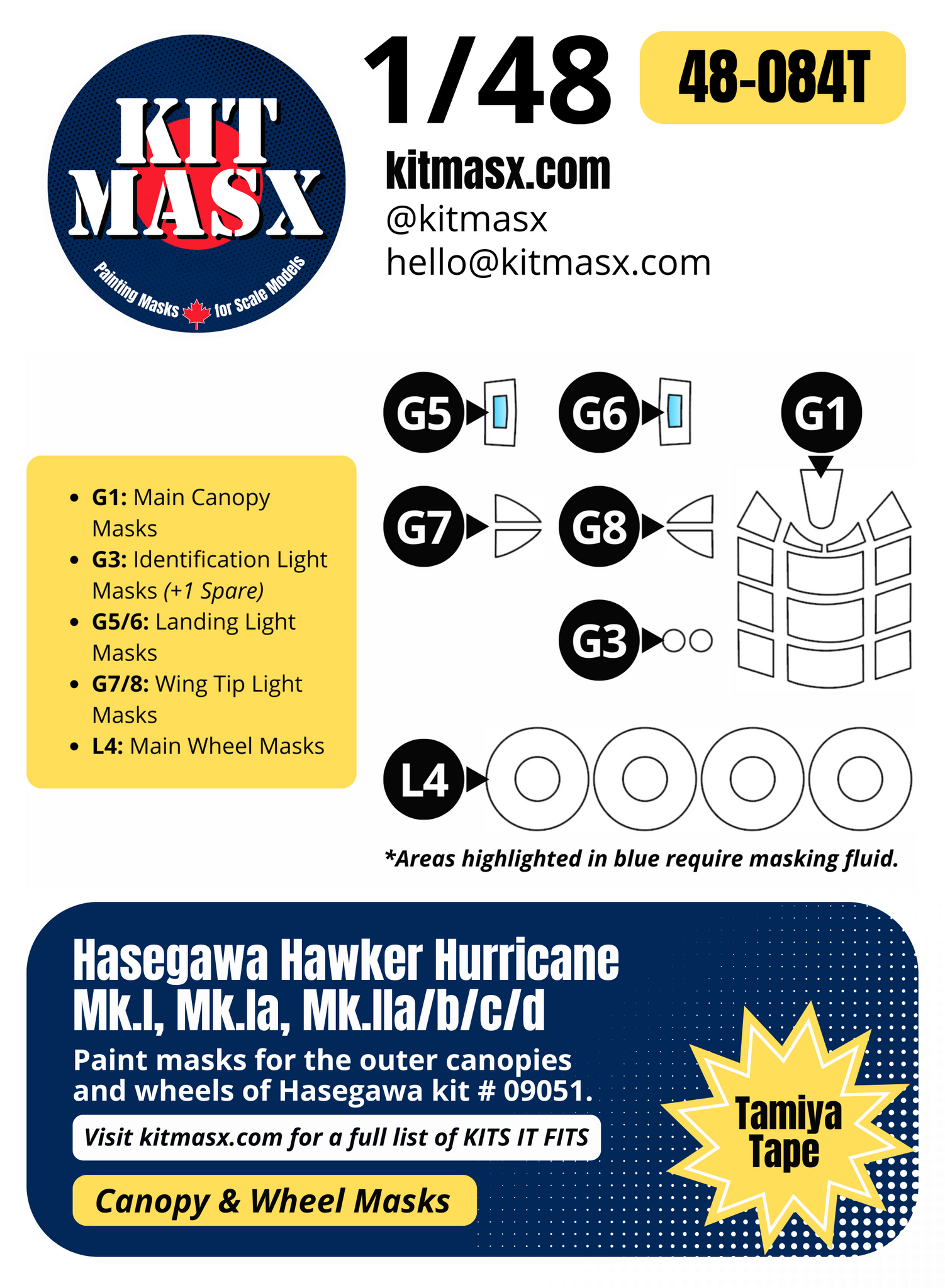 Hasegawa Hawker Hurricane Mk.I, Mk.Ia, Mk.IIa/b/c/d 1/48 Canopy & Wheel Paint Masks, Kit # 09051