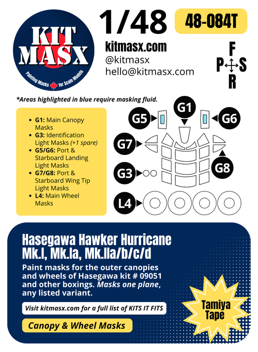 Hasegawa Hawker Hurricane Mk.I, Mk.Ia, Mk.IIa/b/c/d 1/48 Canopy & Wheel Paint Masks, Kit # 09051