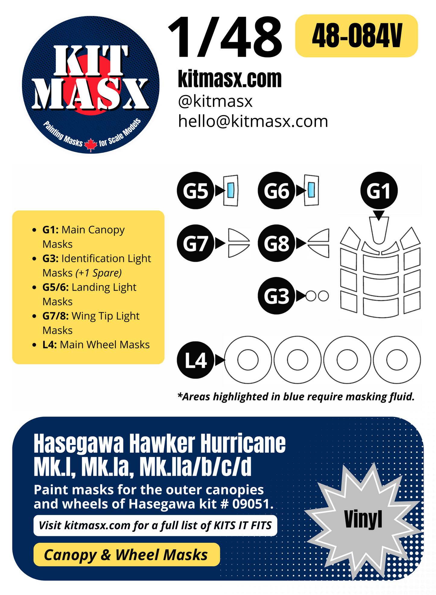 Hasegawa Hawker Hurricane Mk.I, Mk.Ia, Mk.IIa/b/c/d 1/48 Canopy & Wheel Paint Masks, Kit # 09051