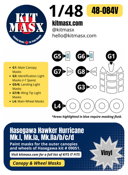 Hasegawa Hawker Hurricane Mk.I, Mk.Ia, Mk.IIa/b/c/d 1/48 Canopy & Wheel Paint Masks, Kit # 09051