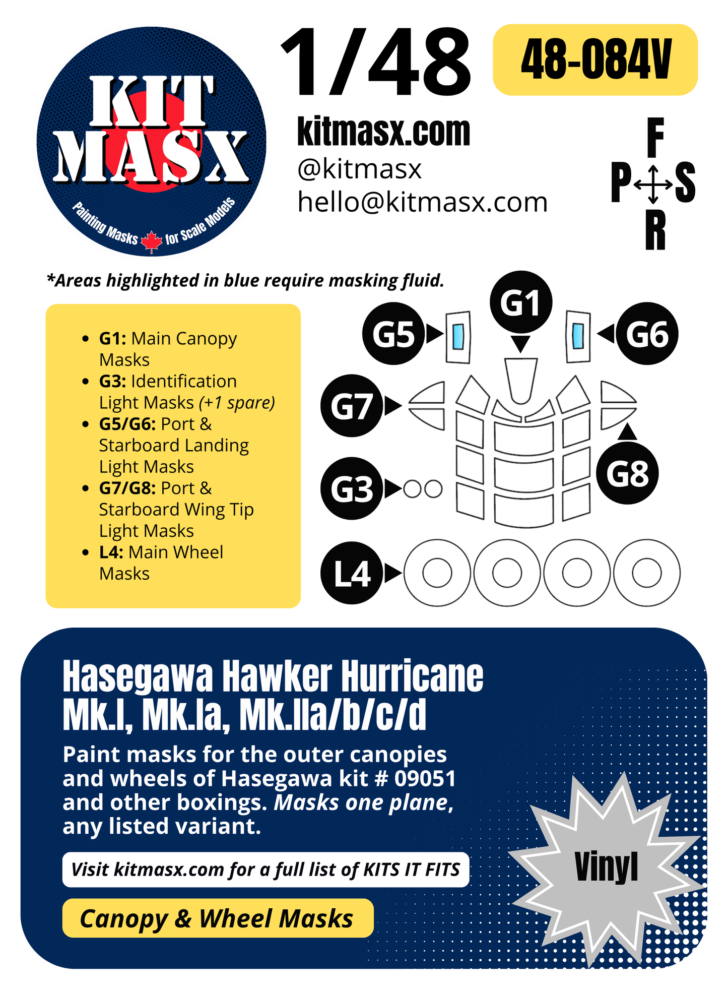 Hasegawa Hawker Hurricane Mk.I, Mk.Ia, Mk.IIa/b/c/d 1/48 Canopy & Wheel Paint Masks, Kit # 09051