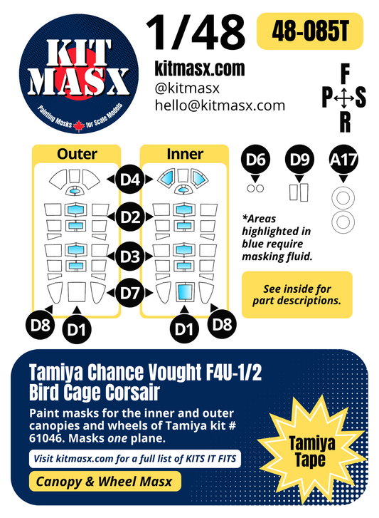 Tamiya Chance Vought F4U-1/2 Bird Cage Corsair 1/48 Canopy & Wheel Paint Masks, Kit # 61046