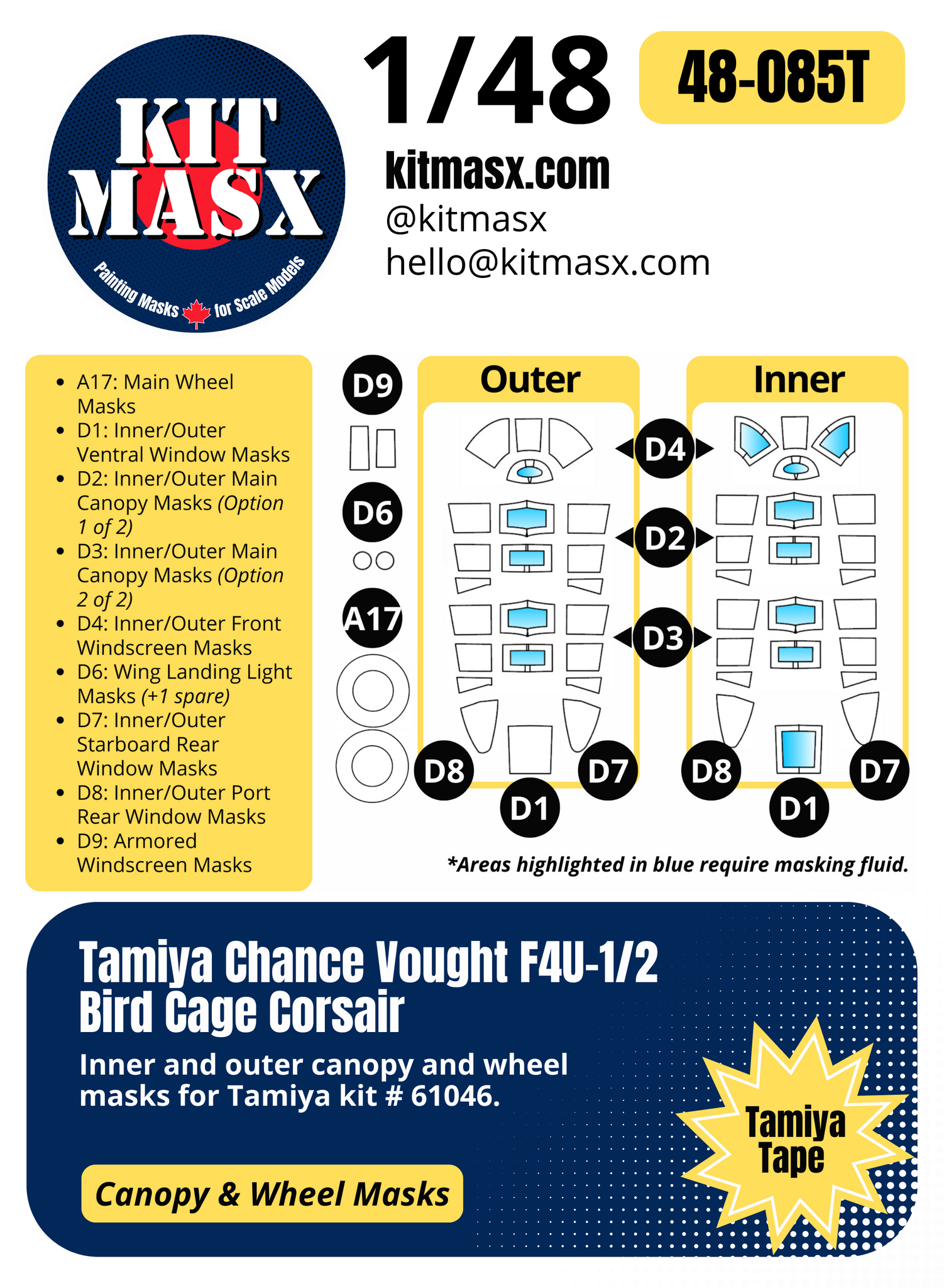 Tamiya Chance Vought F4U-1/2 Bird Cage Corsair 1/48 Canopy & Wheel Paint Masks, Kit # 61046