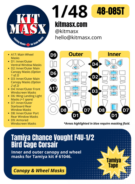 Tamiya Chance Vought F4U-1/2 Bird Cage Corsair 1/48 Canopy & Wheel Paint Masks