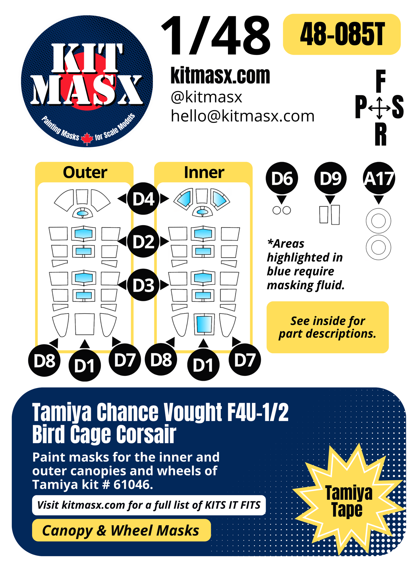Tamiya Chance Vought F4U-1/2 Bird Cage Corsair 1/48 Canopy & Wheel Paint Masks, Kit # 61046