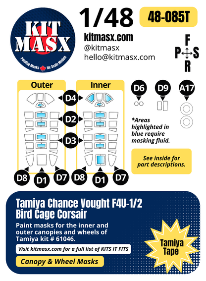 Tamiya Chance Vought F4U-1/2 Bird Cage Corsair 1/48 Canopy & Wheel Paint Masks, Kit # 61046