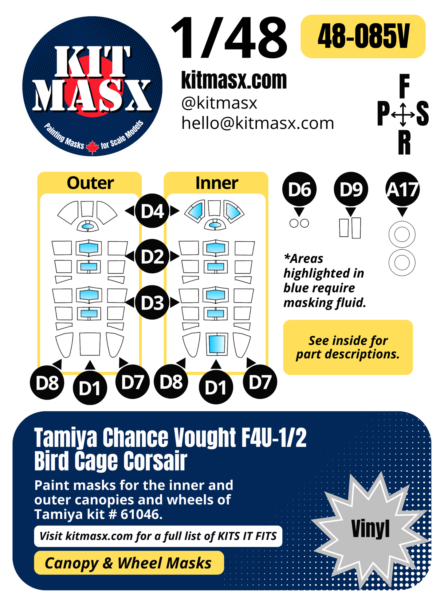 Tamiya Chance Vought F4U-1/2 Bird Cage Corsair 1/48 Canopy & Wheel Paint Masks, Kit # 61046
