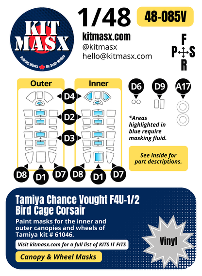 Tamiya Chance Vought F4U-1/2 Bird Cage Corsair 1/48 Canopy & Wheel Paint Masks, Kit # 61046