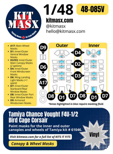 Tamiya Chance Vought F4U-1/2 Bird Cage Corsair 1/48 Canopy & Wheel Paint Masks, Kit # 61046