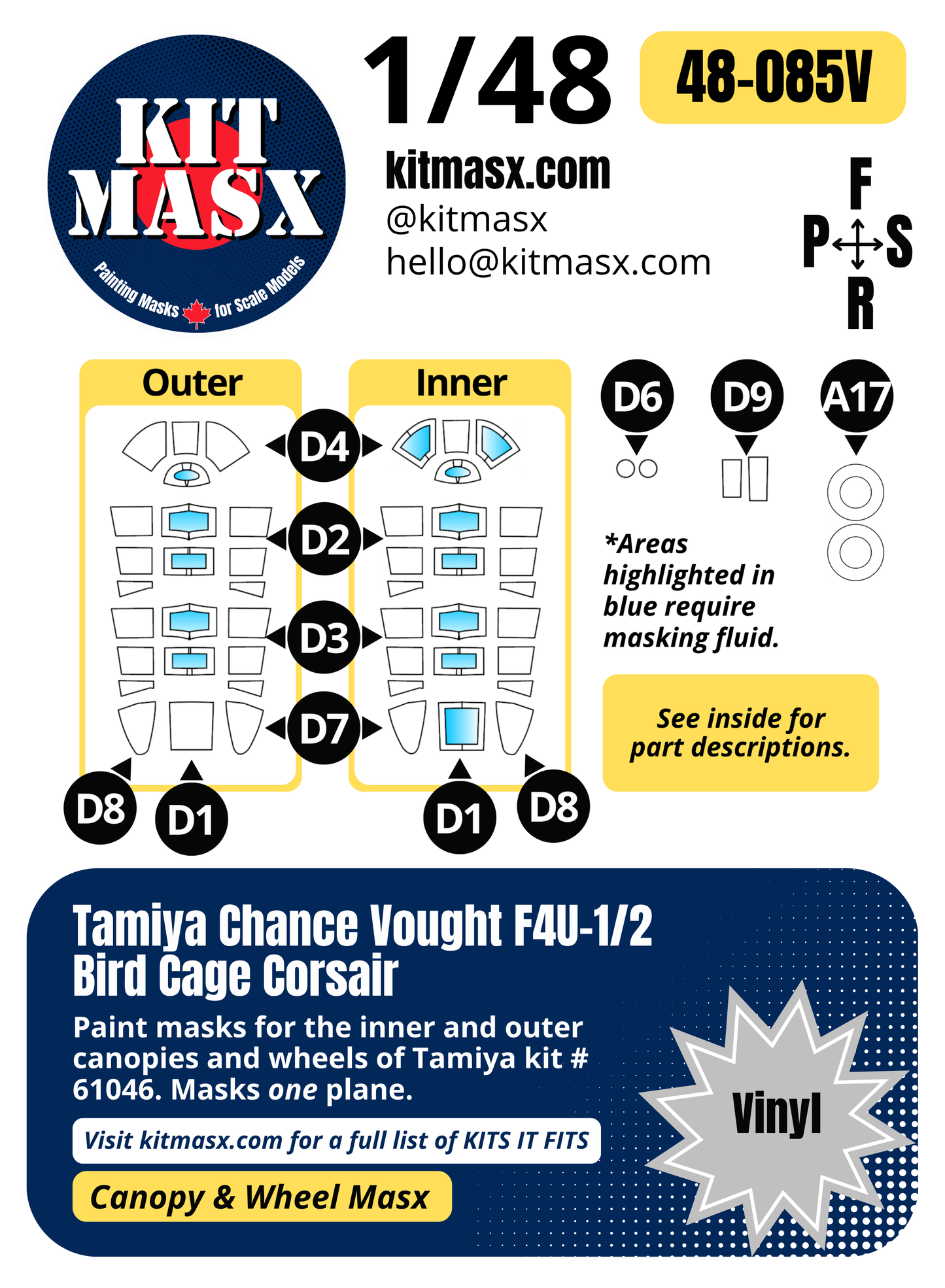 Tamiya Chance Vought F4U-1/2 Bird Cage Corsair 1/48 Canopy & Wheel Paint Masks, Kit # 61046