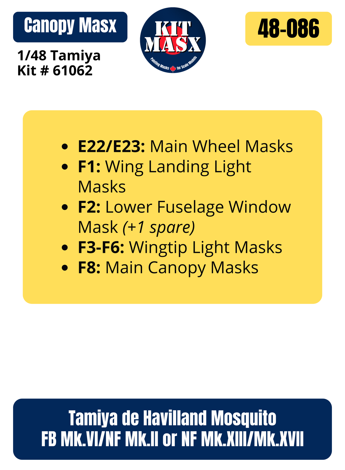 Tamiya de Havilland Mosquito FB Mk.VI/NF Mk.II, NF Mk.XIII/Mk.XVII 1/48 Canopy & Wheel Paint Masks, Kit # 61062