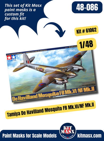 Tamiya de Havilland Mosquito FB Mk.VI/NF Mk.II, NF Mk.XIII/Mk.XVII 1/48 Canopy & Wheel Paint Masks, Kit # 61062