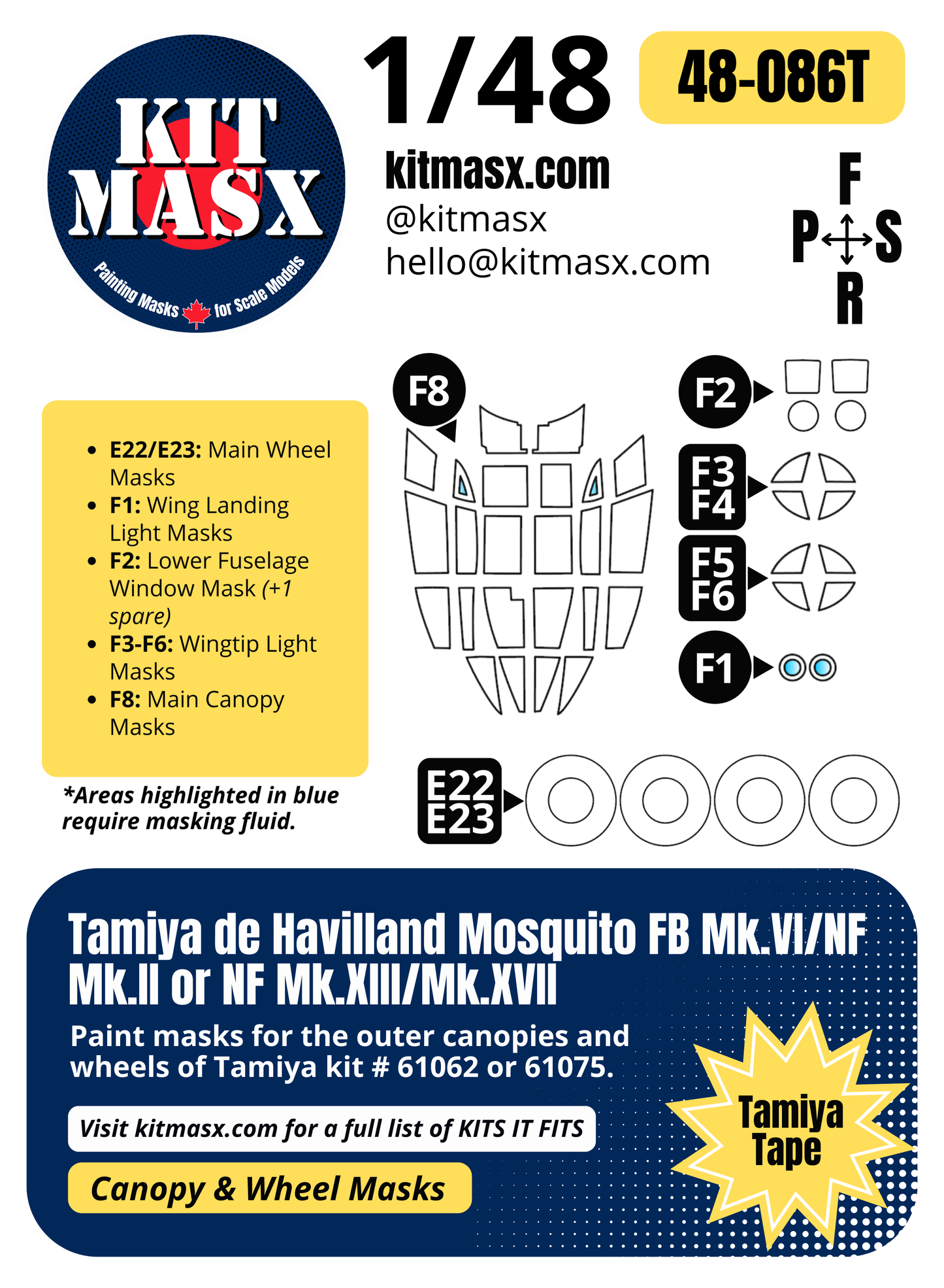 Tamiya de Havilland Mosquito FB Mk.VI/NF Mk.II, NF Mk.XIII/Mk.XVII 1/48 Canopy & Wheel Paint Masks, Kit # 61062
