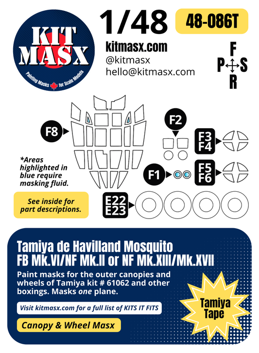 Tamiya de Havilland Mosquito FB Mk.VI/NF Mk.II, NF Mk.XIII/Mk.XVII 1/48 Canopy & Wheel Paint Masks, Kit # 61062