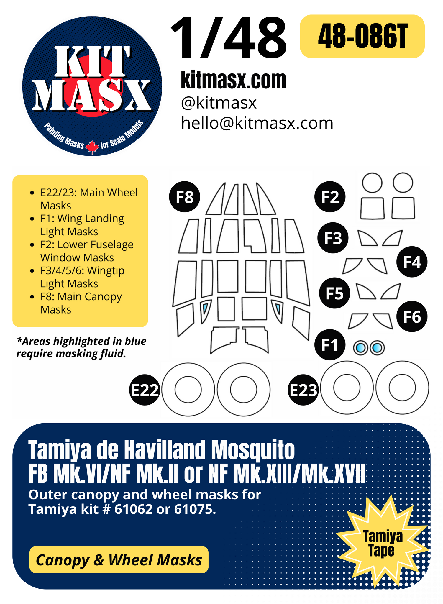 Tamiya de Havilland Mosquito FB Mk.VI/NF Mk.II or NF Mk.XIII/Mk.XVII 1/48 Canopy & Wheel Paint Masks