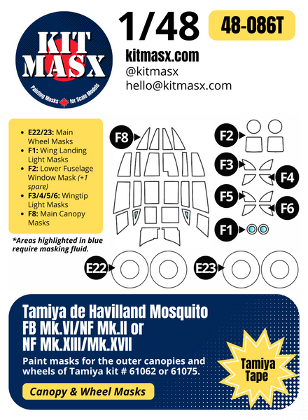 Tamiya de Havilland Mosquito FB Mk.VI/NF Mk.II, NF Mk.XIII/Mk.XVII 1/48 Canopy & Wheel Paint Masks, Kit # 61062