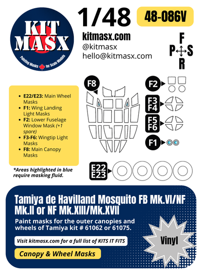 Tamiya de Havilland Mosquito FB Mk.VI/NF Mk.II, NF Mk.XIII/Mk.XVII 1/48 Canopy & Wheel Paint Masks, Kit # 61062