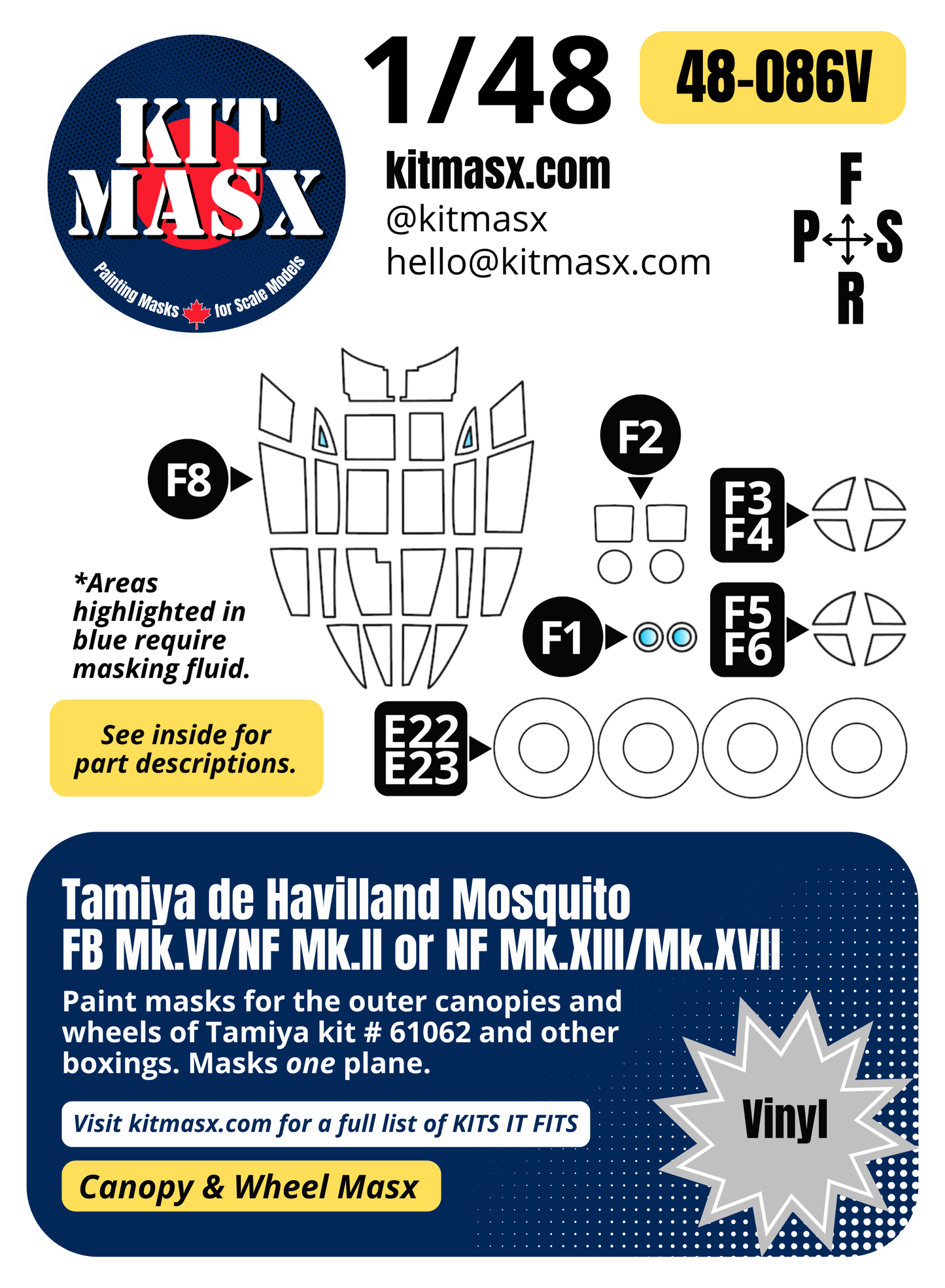 Tamiya de Havilland Mosquito FB Mk.VI/NF Mk.II, NF Mk.XIII/Mk.XVII 1/48 Canopy & Wheel Paint Masks, Kit # 61062