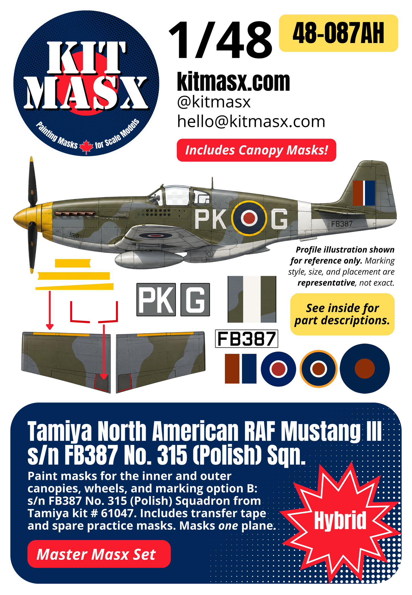 Tamiya North American RAF Mustang III s/n FB387 No. 315 (Polish) Sqn. 1/48 All-in-One Master Mask Set, Kit # 61047 (48087A)