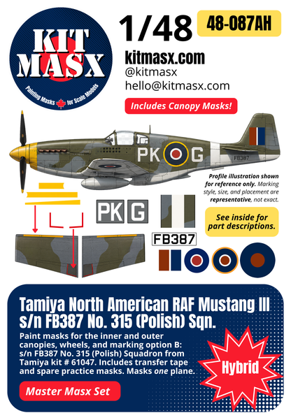 Tamiya North American RAF Mustang III s/n FB387 No. 315 (Polish) Sqn. 1/48 All-in-One Master Mask Set, Kit # 61047 (48087A)
